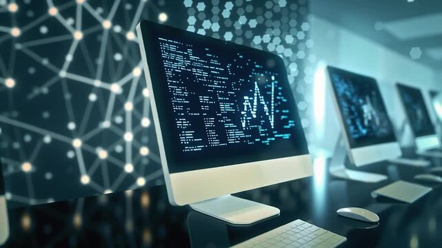 Digital Matrix Background with Code on Computer Monitors