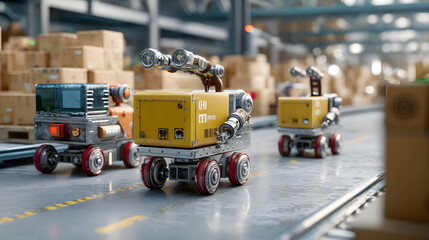 Three cute, small robotic delivery vehicles navigating a busy warehouse filled with cardboard boxes.
