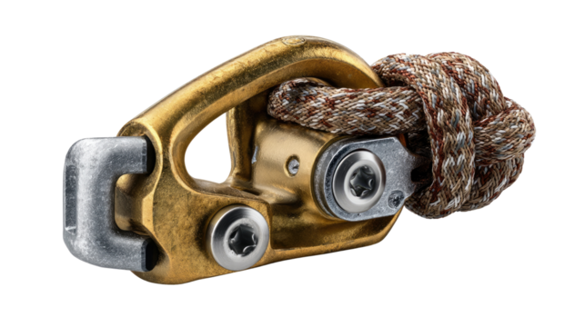 Safety Equipment at Work: Detailed view of safety gear, focusing on a robust carabiner securing a sturdy rope, exemplifying work-related security.