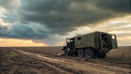 Abandoned Off-Road Vehicle on a Muddy Path Under Dramatic Sky