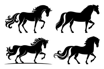 Horse black Isolated silhouette - Vector Illustration. Beautiful Horse racing. Wild horse. Black and white