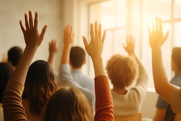 Diverse group raises hands in a bright room, showing participation and engagement in a meeting or classroom setting.