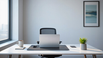 modern office desk, workspace setup, laptop on table, home office design, minimalist workspace, office interior, contemporary desk setup, clean office space, work from home, remote work setup, stylish
