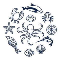 Collection of hand drawn marine animals in a circle isolated on white background