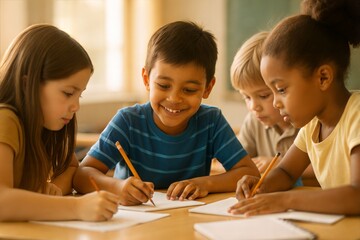 Focused students are writing in notebooks with pencils in a classroom setting, learning together.