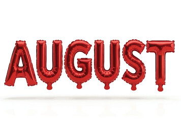 August word made of red foil balloons on white background