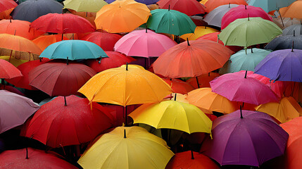 A vibrant array of colorful umbrellas, creating a cheerful and lively atmosphere under the rain.