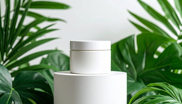 Tarro de crema hidratante blanco sobre pedestal blanco con hojas tropicales