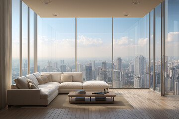 A modern condo living room with floor-to-ceiling windows showing city view, grey sofa, wooden floor,