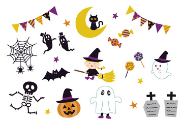 Cute Halloween Icons Collection with Witch and Ghosts
