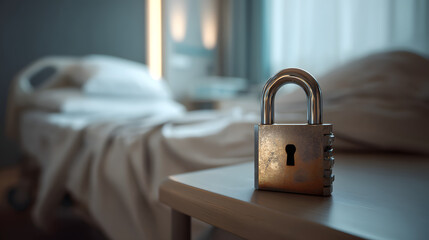Fototapeta premium A metallic padlock resting on a wooden bedside table, hinting at themes of security and confinement in a soft-lit hospital room.
