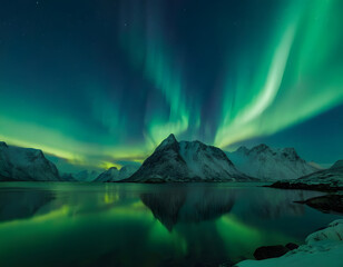 Naklejka premium night sky fantasy background wallpaper, Aurora borealis on the Lofoten islands, Norway. Night sky with polar lights. Night winter landscape with aurora and reflection on the water surface. Natural bac