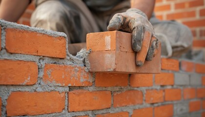 Mason gloved hands carefully place new brick onto wet mortar, building a stable orange wall. Expertise in construction, craftsmanship, and architecture evident in this manual labor project.
