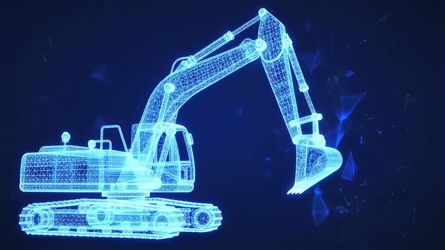 Digital excavator, glowing light blue wireframe