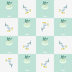 Dry Martini Cocktail seamless pattern. Geometric retro background with glass of refreshing drink and plant. Flat design hand drawn vector illustration.
