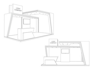 3d stand booth 6x3m digital futuristic decor design syle with blank space logo company and TV screen for preview event exhibition. Vector editable sketch outline drawing coloring.