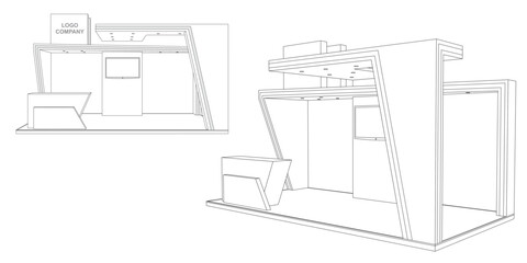 3d stand booth 6x3m digital futuristic decor design syle with blank space logo company and TV screen for preview event exhibition. Vector editable sketch outline drawing coloring.