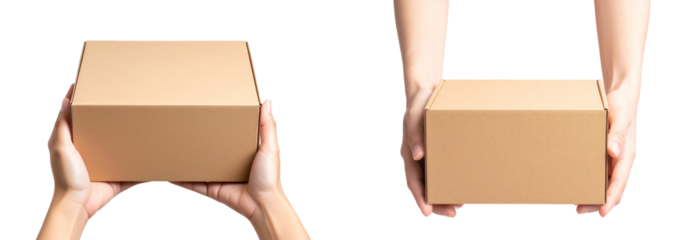Collection set of Woman hands with cardboard box isolated on transparent background