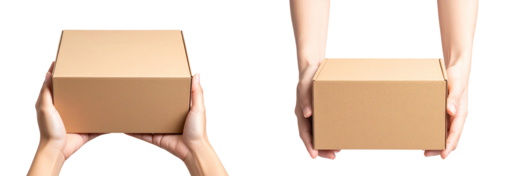 Collection set of Woman hands with cardboard box isolated on transparent background