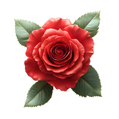 Red rose 3d flower Beautiful blossom gift birthday, holidays, anniversary celebration, elegant detailed rose blooming bud with leaves close up isolated on a white background