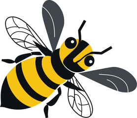Vector art of a stylized bee with black and yellow stripes and translucent wings, captured in midflight, isolated on white background