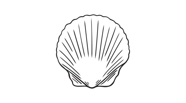 Elegant scallop shell hand drawing doodle icon. Coastal engraving clipart, sea themed element with rounded edges. Vintage line art beach shell perfect for logos, patterns.