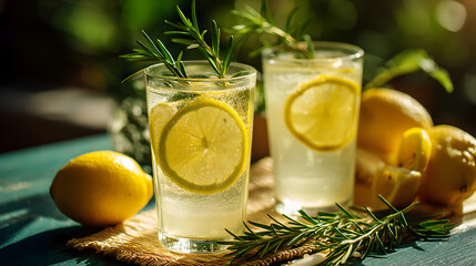 Refreshing lemon beverages with rosemary garnishes, perfect for a summer day.