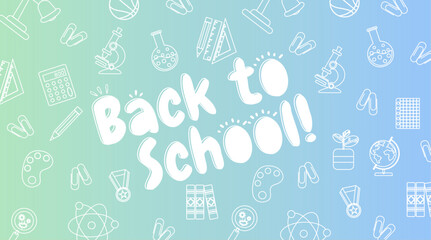 Back to school bright gradient childrens banner with school supplies