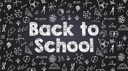 Back to school chalk style title on black chalkboard with school doodles