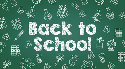 Back to school chalk style title on green chalkboard with school linar supplies