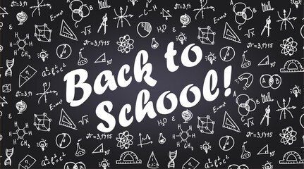 Back to school childrens banner with school doodles on black chalkboard
