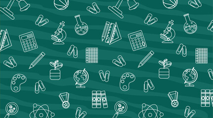 Background with school supplies on green chalk board