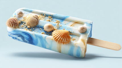 An ice cream popsicle with seashells, blue and white marbling, and a light background.