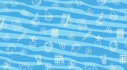Blue childrens background pattern with school linar supplies