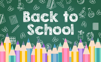 Back to school chalk style title on green chalkboard with school doodles and colorful pencils