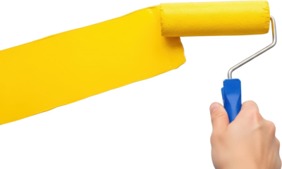 Hand Holds Blue Paint Roller Applying Bright Yellow Paint Stroke Across Transparent Background Transparent Background