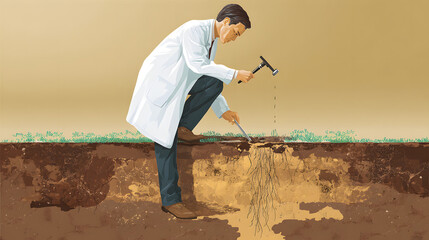 A male scientist in a lab coat studies soil layers, showcasing his expertise in environmental science and soil analysis.