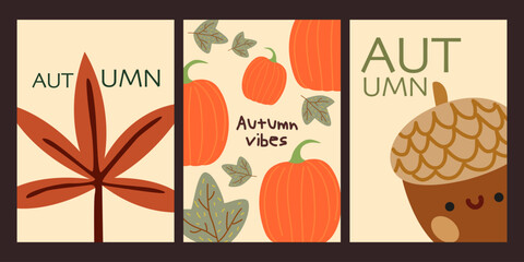 Set of trendy retro style abstract autumn posters. Bright leaves, pumpkins, acorn. Autumn cozy vector illustration for greeting card, advertising, banner, social media, flyer, cover