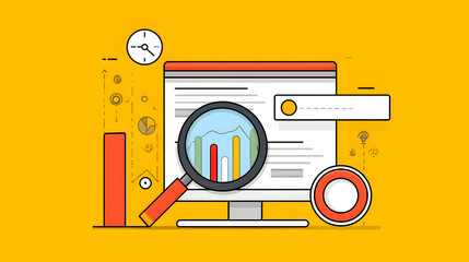A colorful digital illustration of a computer with graphs and data analysis tools, symbolizing online research and analytics.