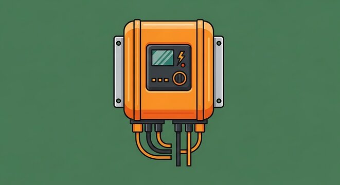Illustration of an orange inverter electrical box energy power solar panel system device technology design 100v
