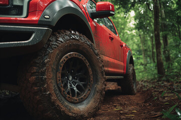 Red off-road truck mud tire in forest terrain dirt and rugged outdoors adventure vehicle