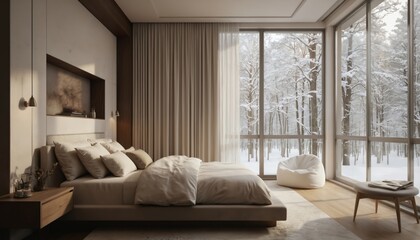 Minimalist bedroom with large windows overlooking snowy forest. Beige bed, neutral furniture, beanbag chair create cozy, comfortable atmosphere. Natural light floods room, contemporary decor style.