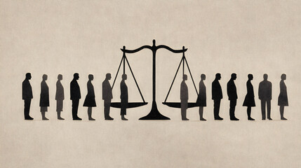 A diverse group of silhouettes stands in line, balancing the scales of justice, symbolizing equality and fairness.