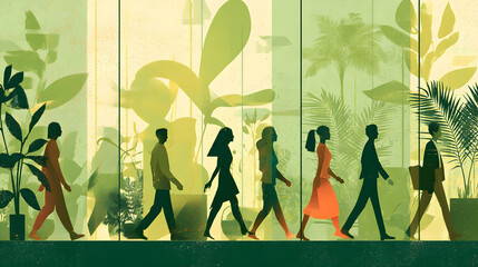 Silhouettes of diverse individuals walking in a lush, green environment, creating a serene and harmonious atmosphere.
