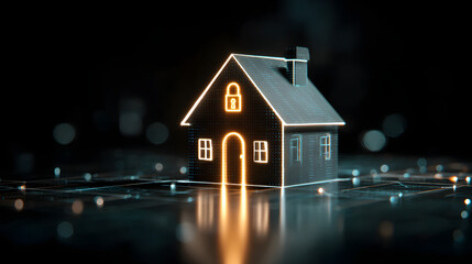A modern, illuminated digital house icon representing security and technology.