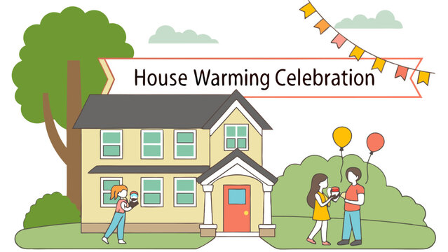 A cheerful cartoon illustration depicting a housewarming celebration with a family and friends gathered outside a yellow house with colorful bunting and balloons