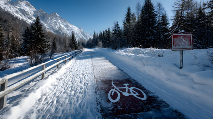 Snow-covered bike path surrounded by majestic mountains and pine trees on a sunny winter day.