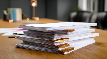 A stack of organized documents with gold clips on a wooden desk in a modern office setting.