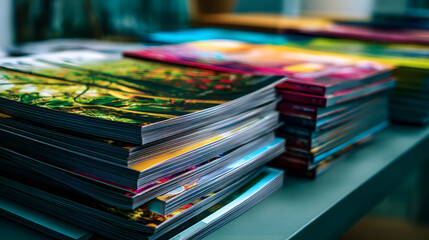 A vibrant stack of colorful magazines showcasing imaginative cover designs in a well-lit indoor setting.