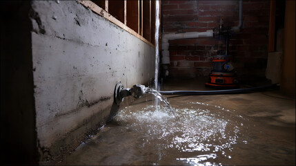 Water leaks in a basement, showcasing a flooded concrete floor and a sump pump in action.